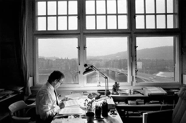 Prague, 29 December 1989 - Engels Embankment - Václav Havel reads through his inauguration speech in his study at his flat