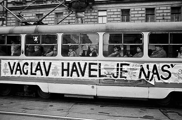 Prague, December 1989 - A passing tram with a poster in support of Vaclav Havel on his candidacy for president, "Havel is ours”